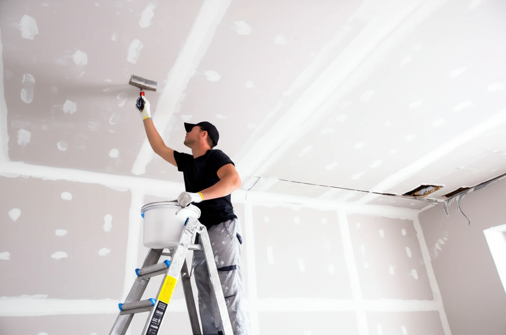 Technician repairing damaged ceiling drywall