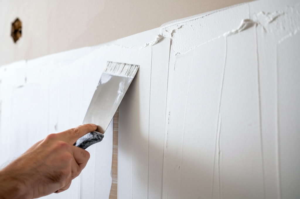 Worker repairing damaged drywall with joint compound