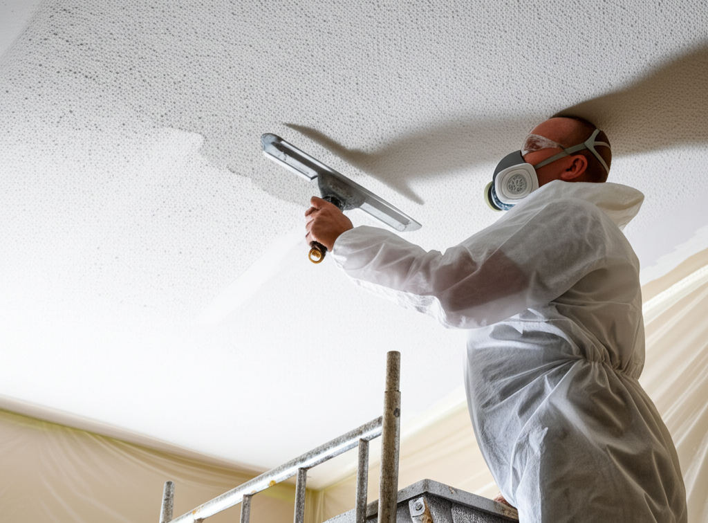 Worker safely removing popcorn ceiling texture