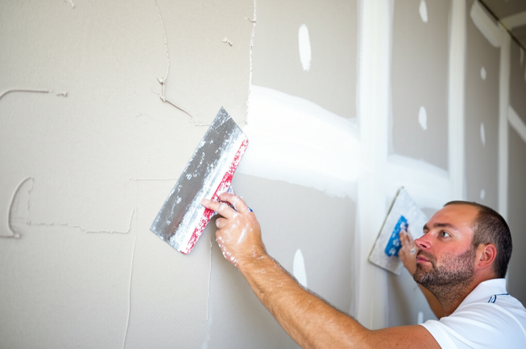 Worker applying texture to wall with specialized tools